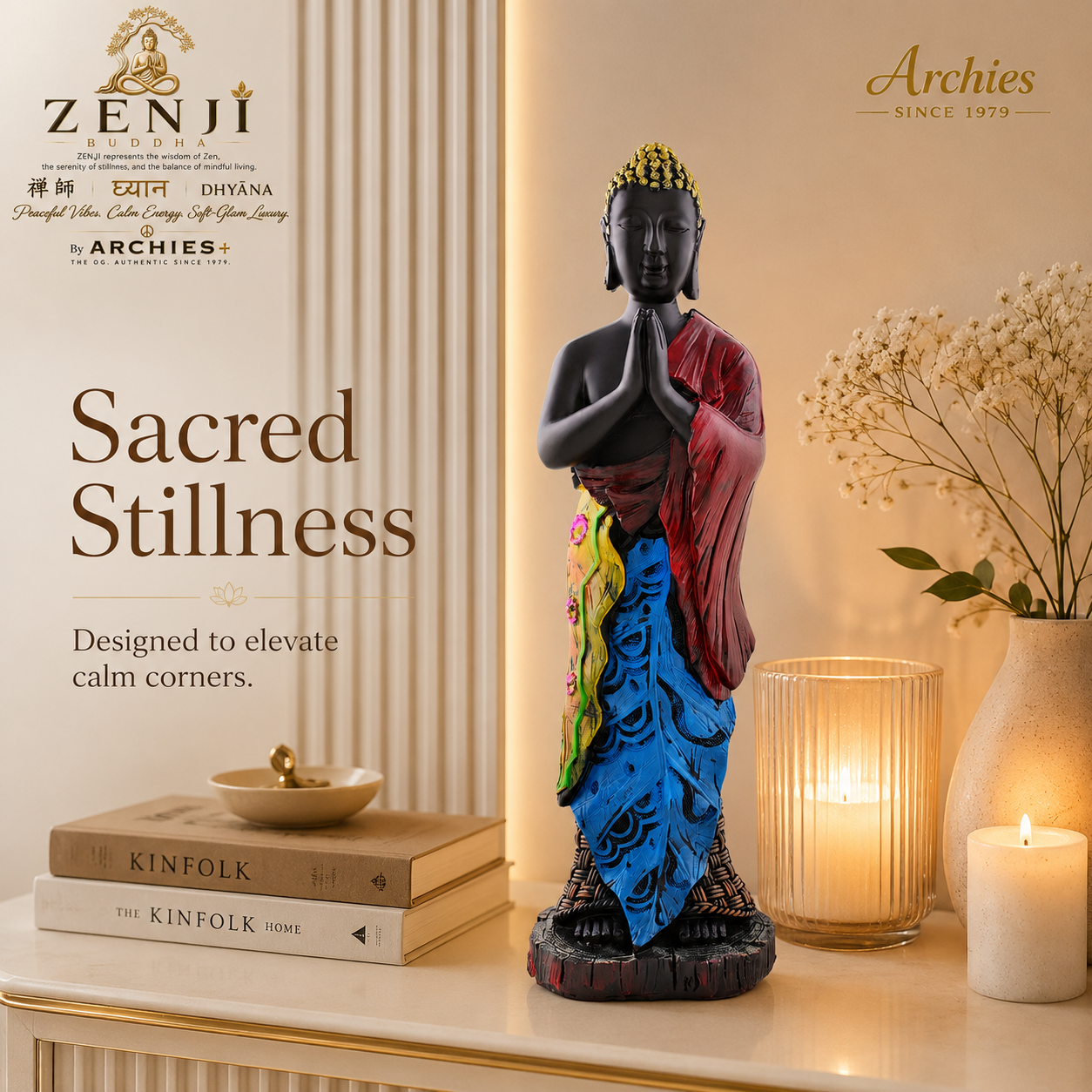 ZENJI Meditating Buddha Statue for Home Decor, Large Decorative Showpiece for Living Room, Office Desk, Meditation Corner, Entryway Console, Shelf Display, Housewarming, Diwali, Pack of 1