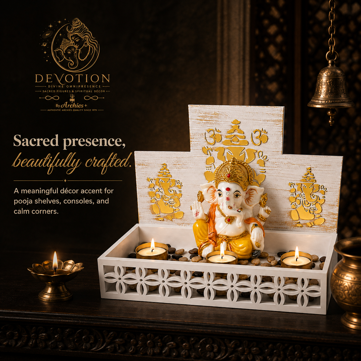 DEVOTION Ganesha Tealight Mandir Set for Home Decor, Extra Large Decorative Pooja Display for Pooja Room, Home Temple, Living Room, Office Desk, Entryway Shelf, Housewarming, Diwali, Pack of 1