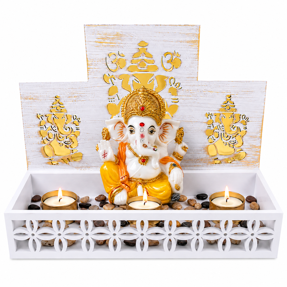 DEVOTION Ganesha Tealight Mandir Set for Home Decor, Extra Large Decorative Pooja Display for Pooja Room, Home Temple, Living Room, Office Desk, Entryway Shelf, Housewarming, Diwali, Pack of 1