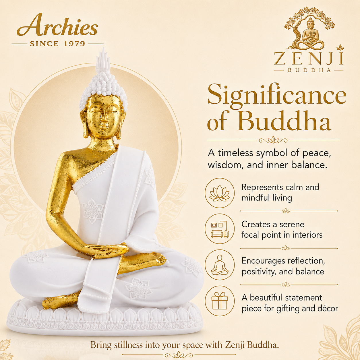 ZENJI Meditating Buddha Statue for Home Decor, Large Decorative Showpiece for Living Room, Office Desk, Meditation Corner, Entryway Console, Shelf Display, Housewarming, Diwali, Pack of 1