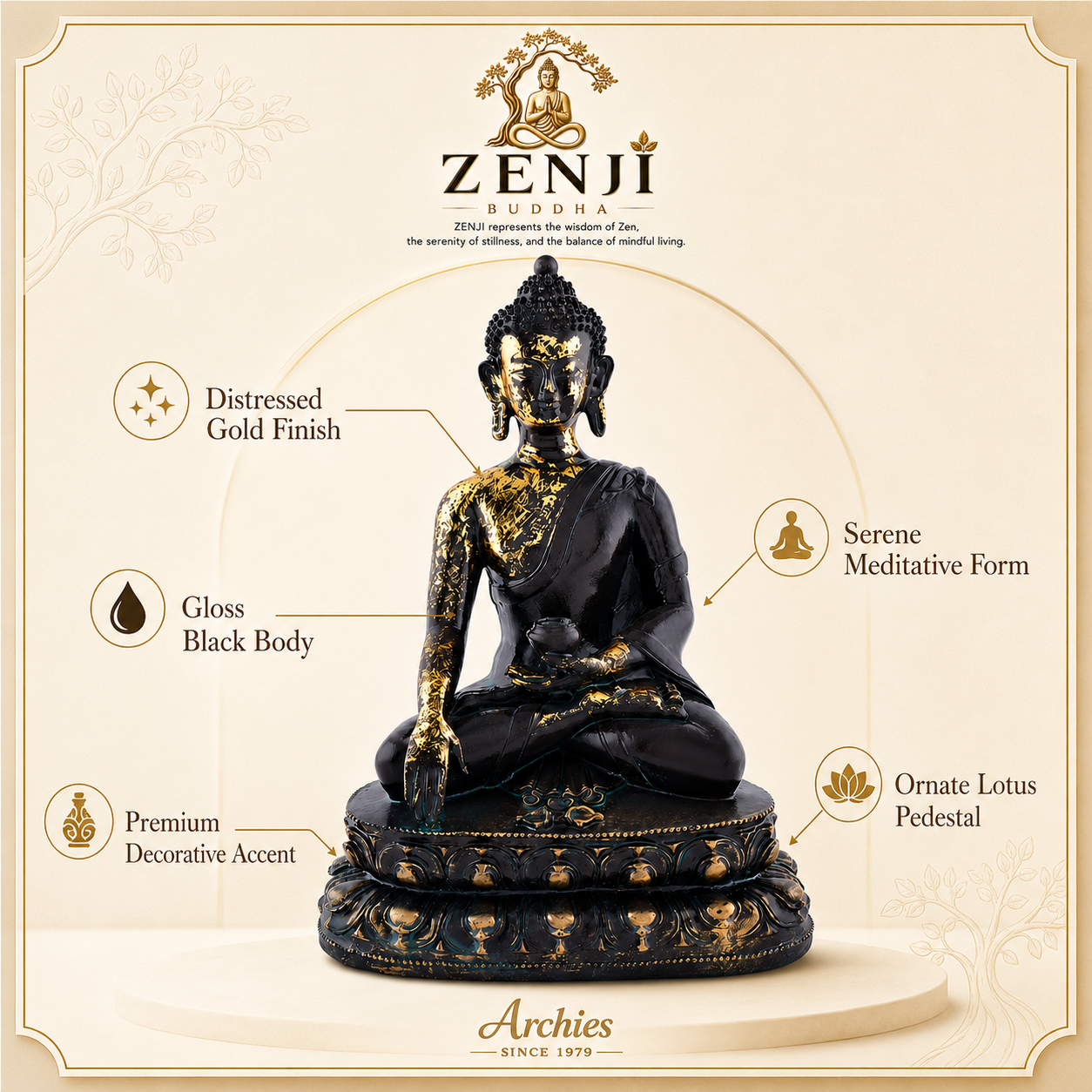 ZENJI Meditating Buddha Statue for Home Decor, Large Decorative Showpiece for Living Room, Office Desk, Meditation Corner, Entryway Console, Shelf Display, Housewarming, Diwali, Pack of 1