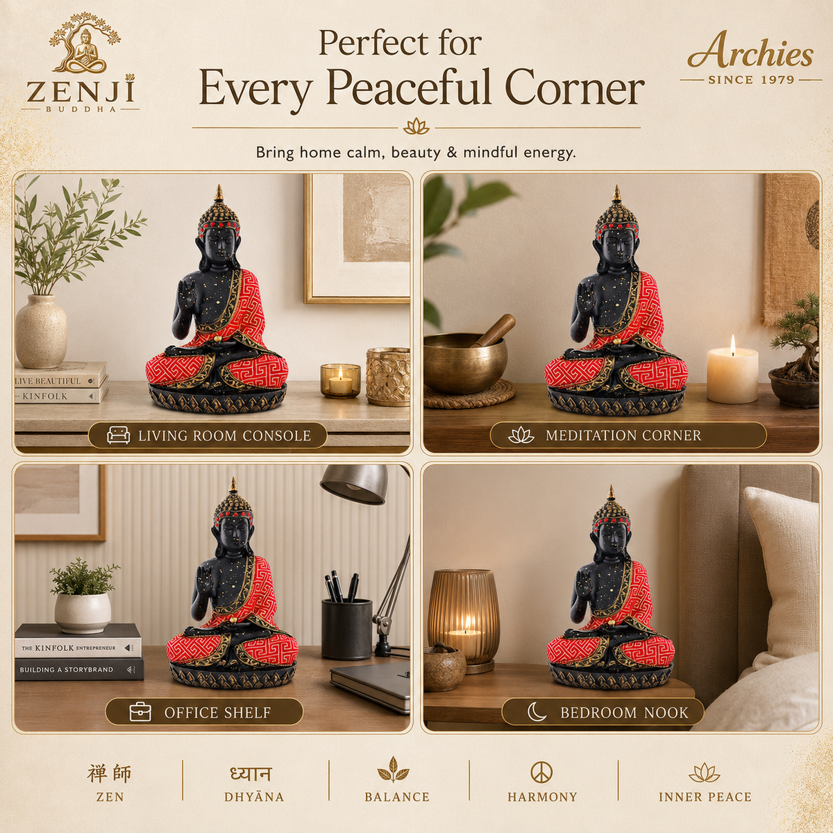 ZENJI Robe Detail Buddha Statue for Home Decor, Large Decorative Showpiece for Living Room, Office Desk, Meditation Corner, Entryway Console, Shelf Display, Housewarming, Diwali, Pack of 1