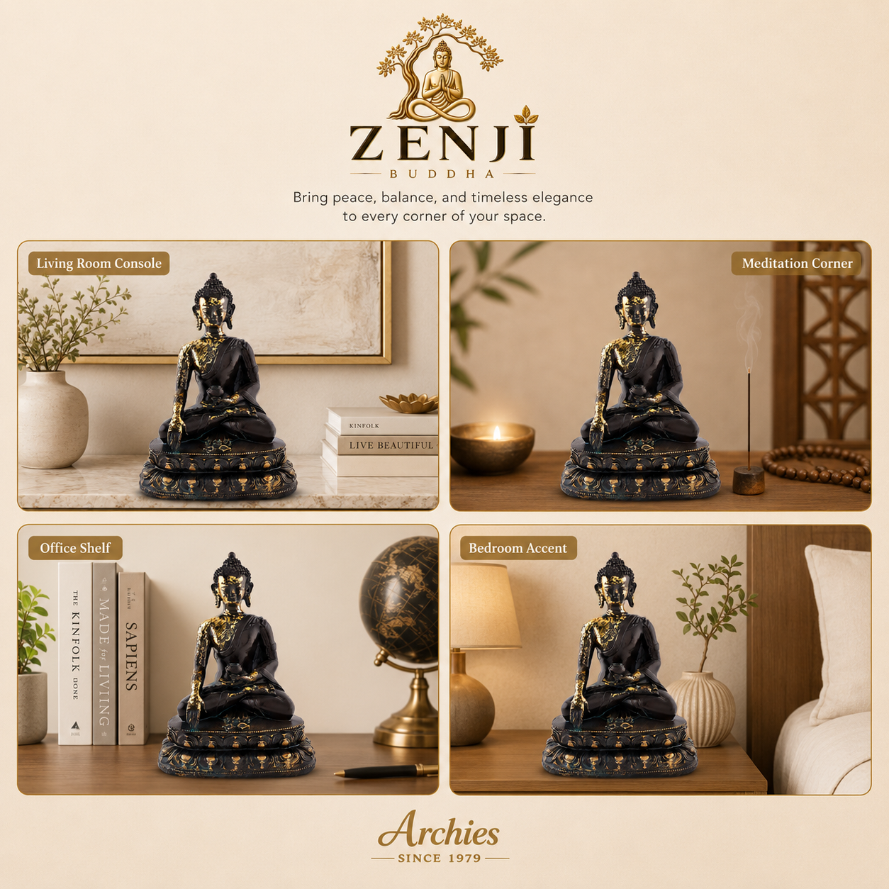 ZENJI Meditating Buddha Statue for Home Decor, Large Decorative Showpiece for Living Room, Office Desk, Meditation Corner, Entryway Console, Shelf Display, Housewarming, Diwali, Pack of 1