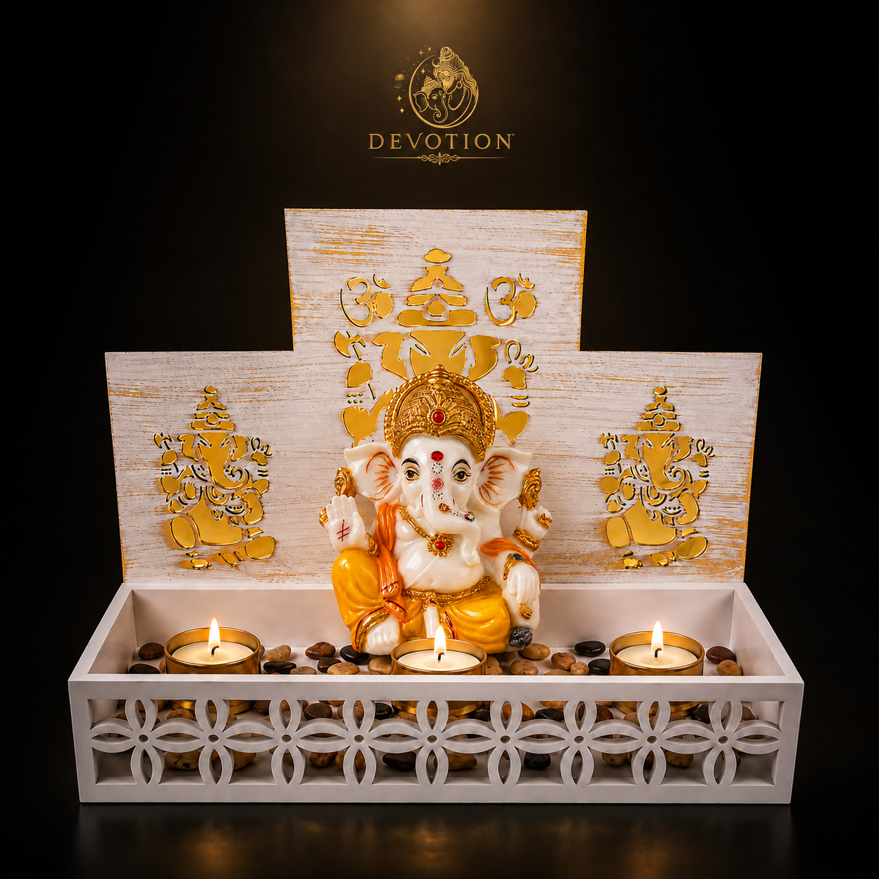 DEVOTION Ganesha Tealight Mandir Set for Home Decor, Extra Large Decorative Pooja Display for Pooja Room, Home Temple, Living Room, Office Desk, Entryway Shelf, Housewarming, Diwali, Pack of 1