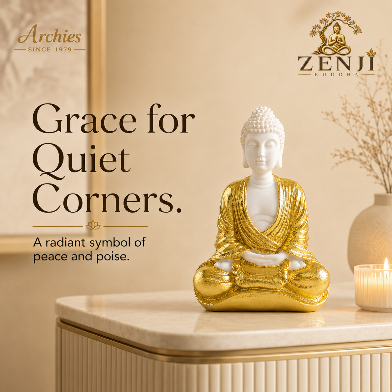 ZENJI Meditating Buddha Statue for Home Decor, Large Decorative Showpiece for Living Room, Office Desk, Meditation Corner, Entryway Console, Shelf Display, Housewarming, Diwali, Pack of 1