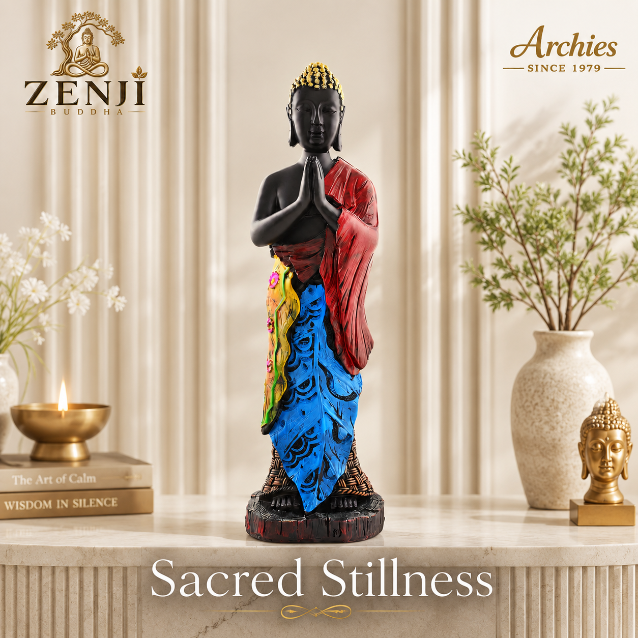 ZENJI Meditating Buddha Statue for Home Decor, Large Decorative Showpiece for Living Room, Office Desk, Meditation Corner, Entryway Console, Shelf Display, Housewarming, Diwali, Pack of 1