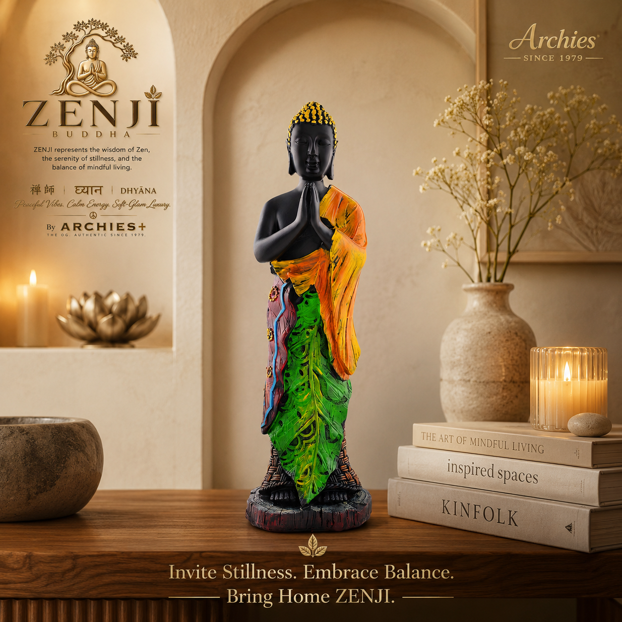 ZENJI Meditating Buddha Statue for Home Decor, Large Decorative Showpiece for Living Room, Office Desk, Meditation Corner, Entryway Console, Shelf Display, Housewarming, Diwali, Pack of 1