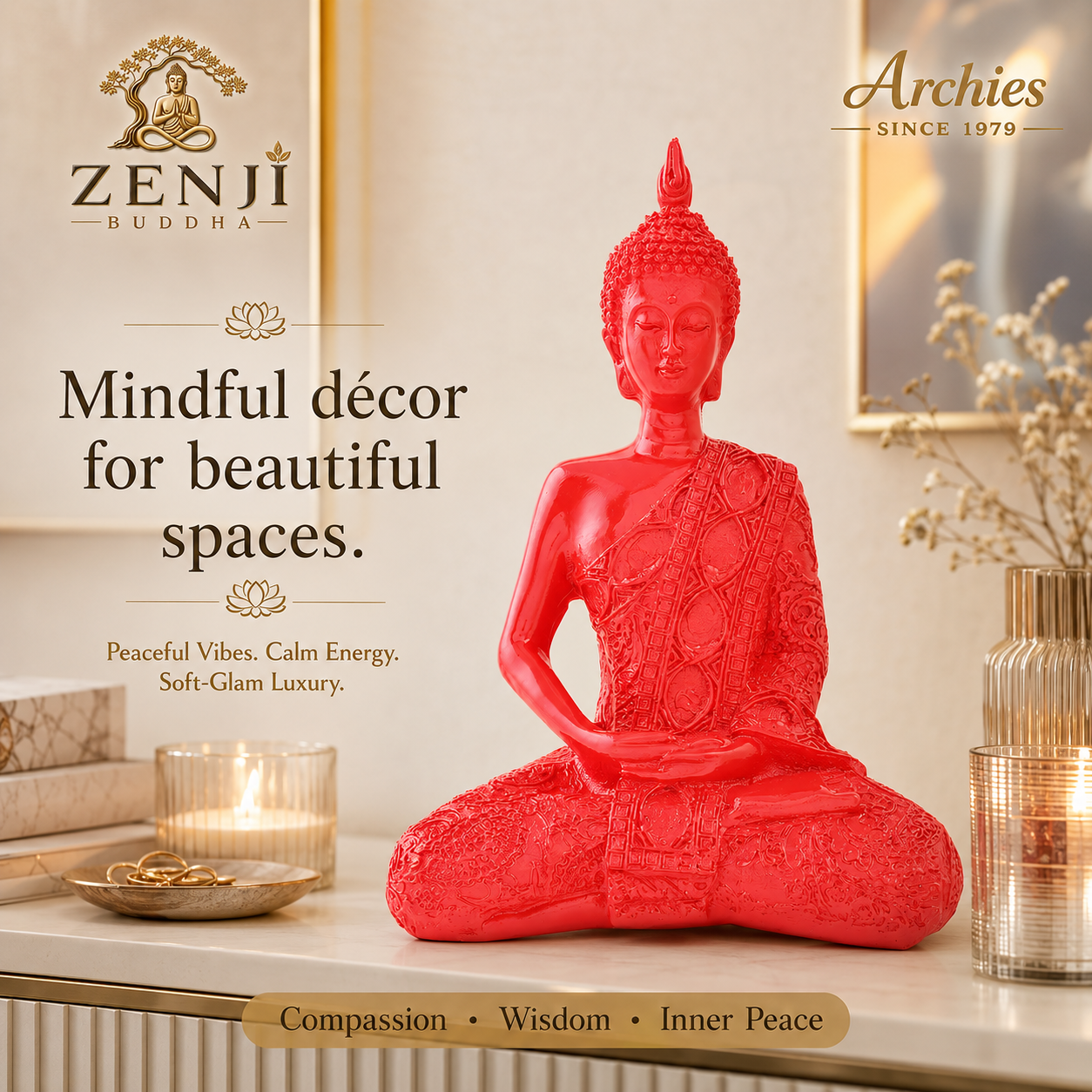 ZENJI Meditating Buddha Statue for Home Decor, Medium Decorative Showpiece for Living Room, Office Desk, Meditation Corner, Entryway Console, Shelf Display, Housewarming, Diwali, Pack of 1