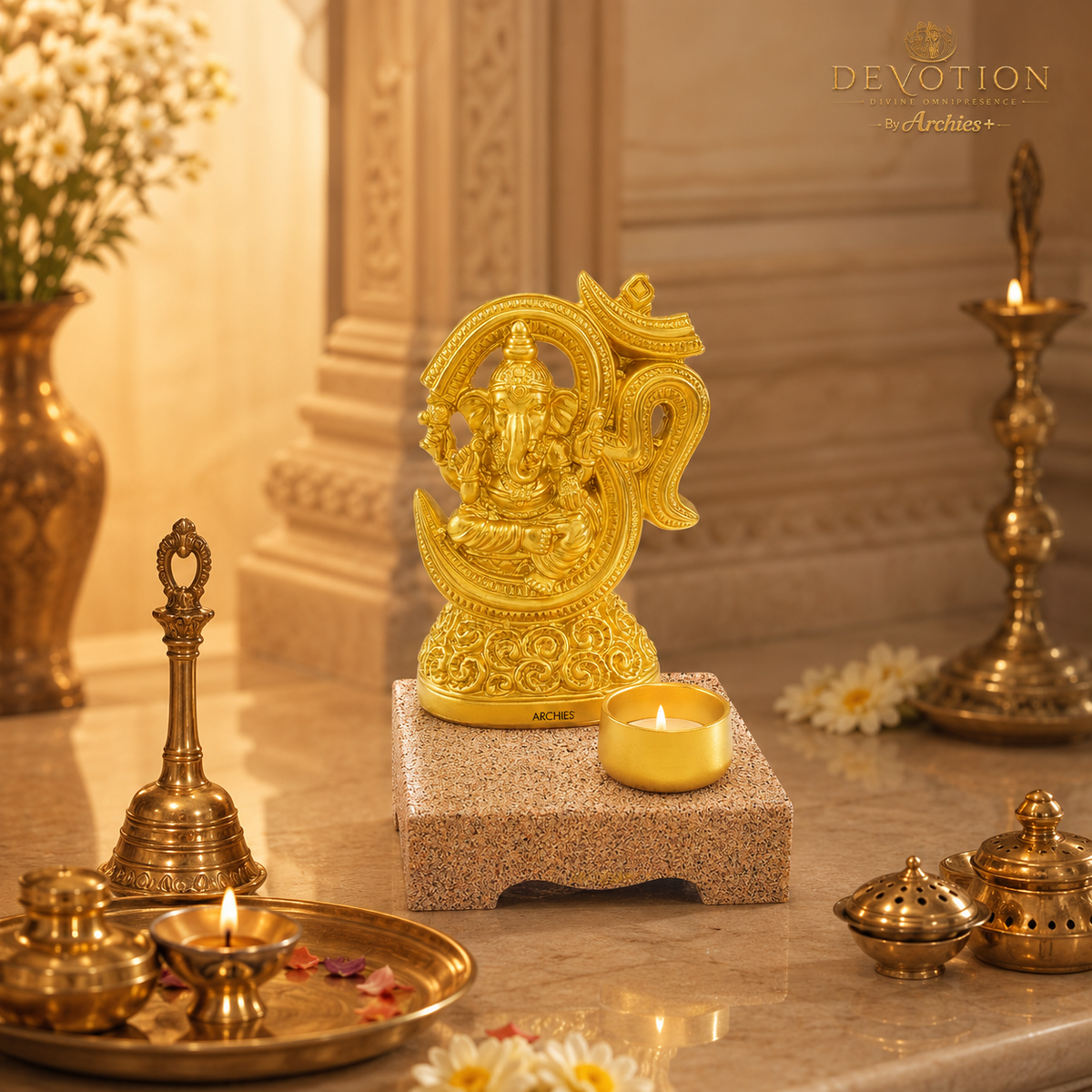DEVOTION Om Ganesha Tealight Holder for Home Decor, Large Decorative Pooja Display for Pooja Room, Home Temple, Living Room, Office Desk, Entryway Shelf, Housewarming, Diwali, Pack of 1