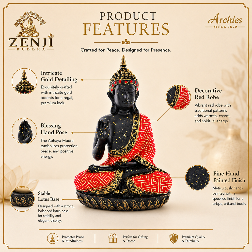 ZENJI Robe Detail Buddha Statue for Home Decor, Large Decorative Showpiece for Living Room, Office Desk, Meditation Corner, Entryway Console, Shelf Display, Housewarming, Diwali, Pack of 1