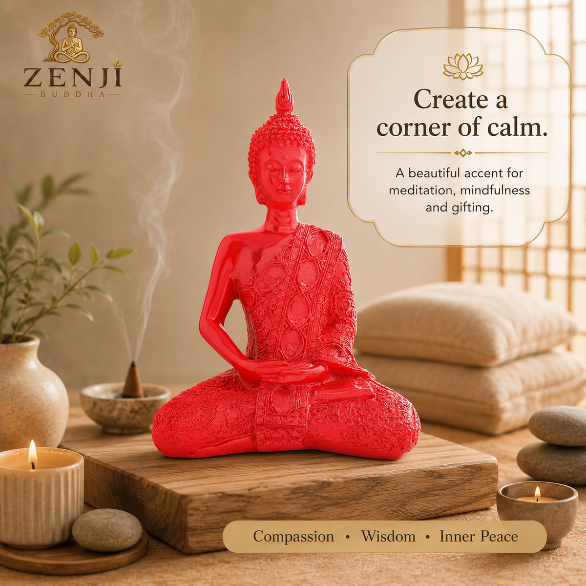ZENJI Meditating Buddha Statue for Home Decor, Medium Decorative Showpiece for Living Room, Office Desk, Meditation Corner, Entryway Console, Shelf Display, Housewarming, Diwali, Pack of 1