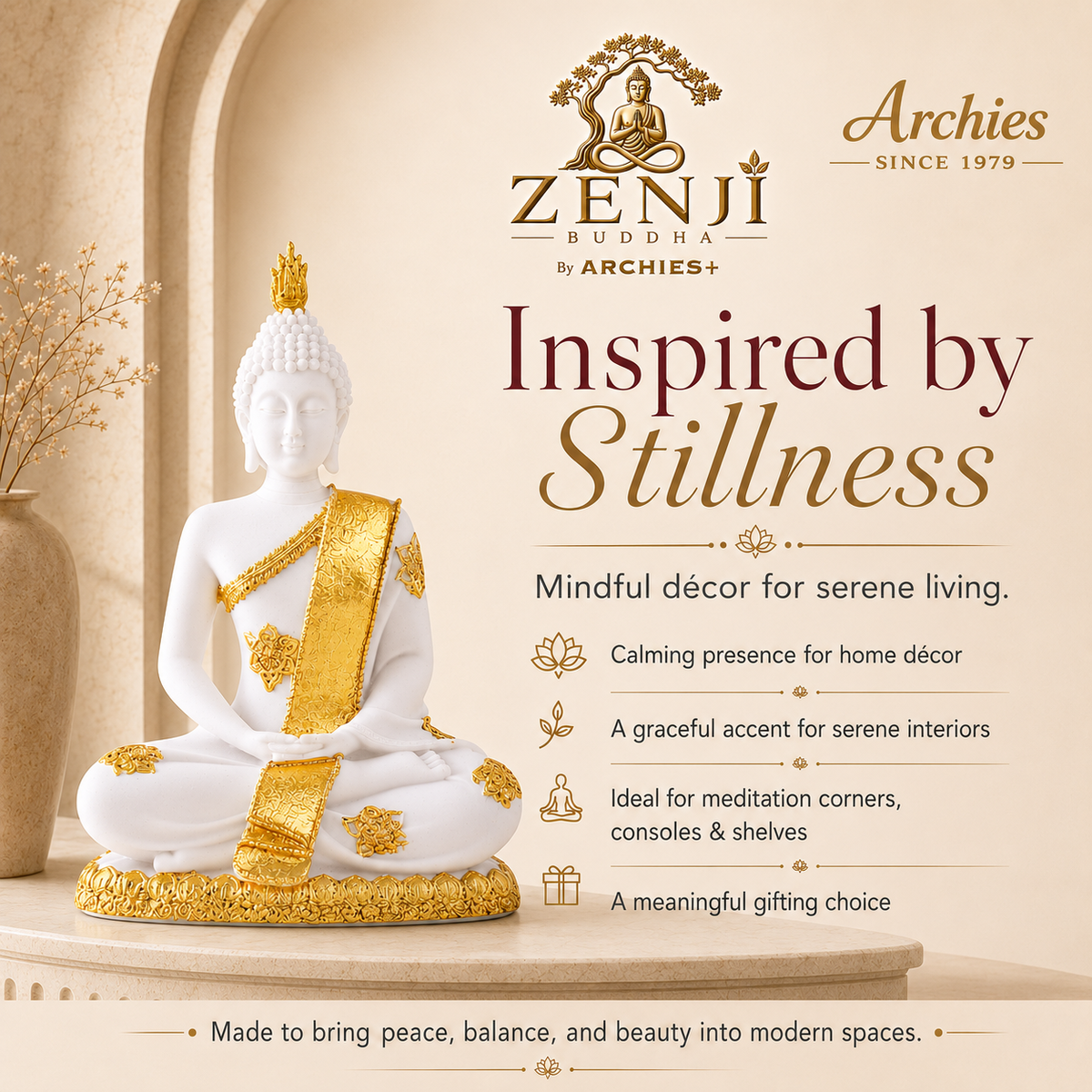 ZENJI Meditating Buddha Statue for Home Decor, Large Decorative Showpiece for Living Room, Office Desk, Meditation Corner, Entryway Console, Shelf Display, Housewarming, Diwali, Pack of 1