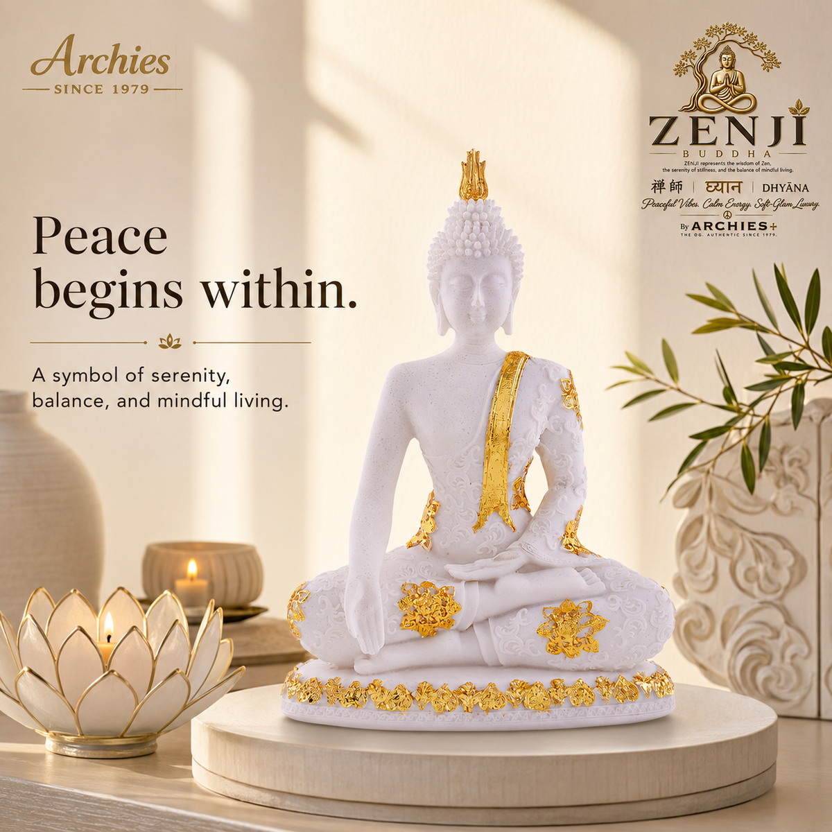 ZENJI Meditating Buddha Statue for Home Decor, Large Decorative Showpiece for Living Room, Office Desk, Meditation Corner, Entryway Console, Shelf Display, Housewarming, Diwali, Pack of 1