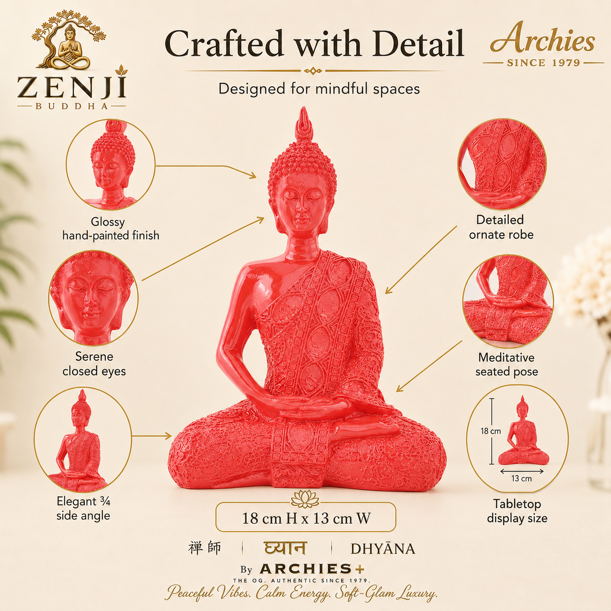 ZENJI Meditating Buddha Statue for Home Decor, Medium Decorative Showpiece for Living Room, Office Desk, Meditation Corner, Entryway Console, Shelf Display, Housewarming, Diwali, Pack of 1