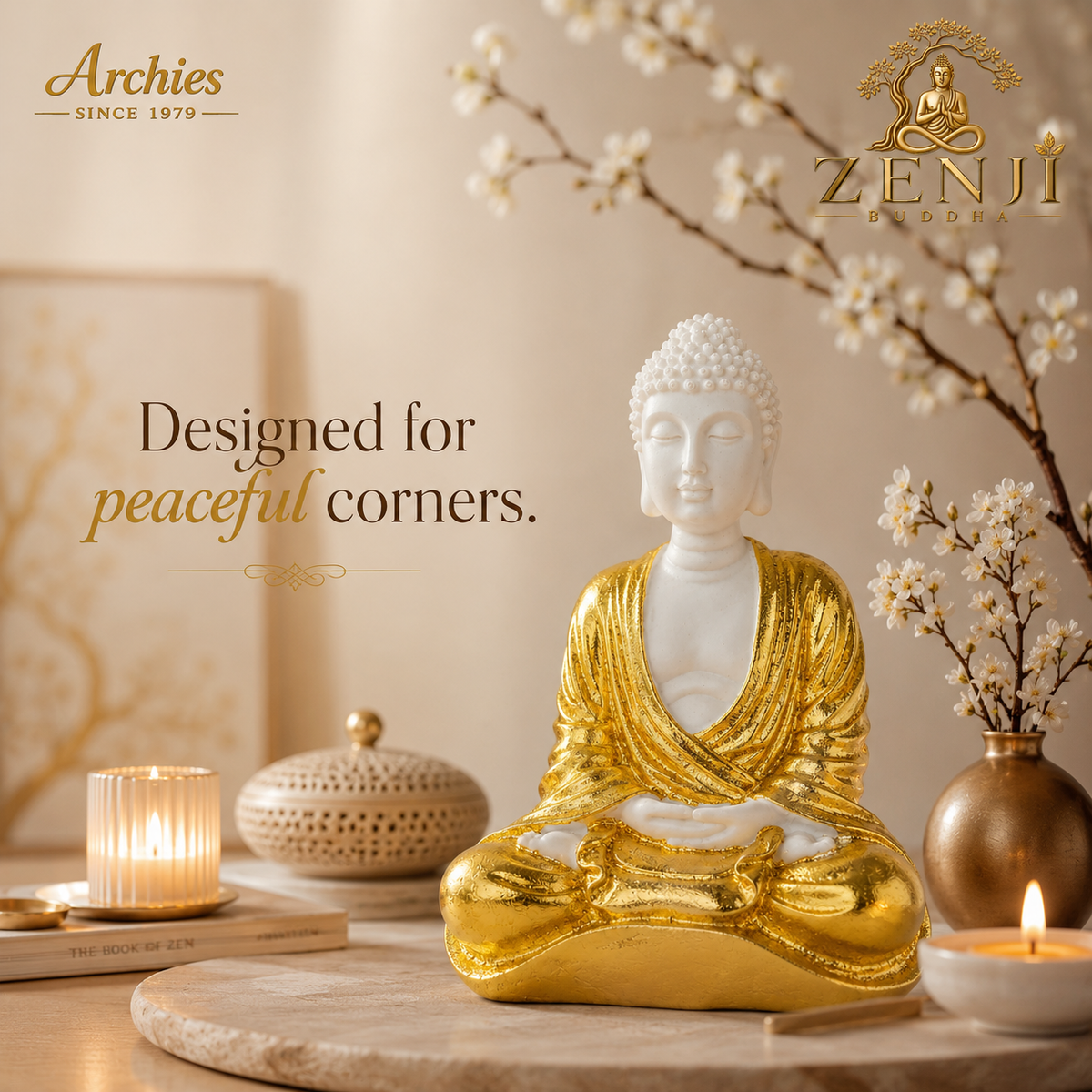 ZENJI Meditating Buddha Statue for Home Decor, Large Decorative Showpiece for Living Room, Office Desk, Meditation Corner, Entryway Console, Shelf Display, Housewarming, Diwali, Pack of 1