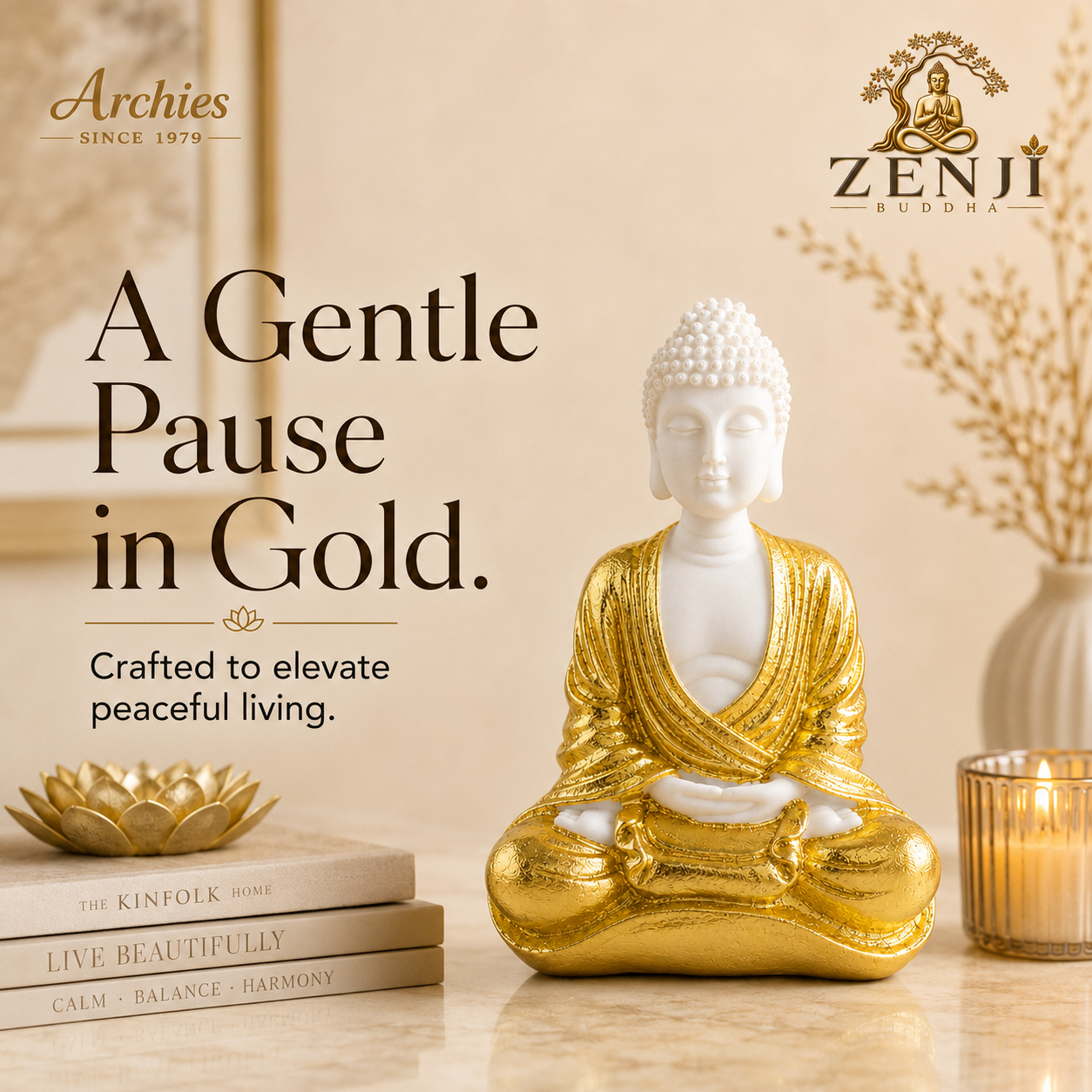 ZENJI Meditating Buddha Statue for Home Decor, Large Decorative Showpiece for Living Room, Office Desk, Meditation Corner, Entryway Console, Shelf Display, Housewarming, Diwali, Pack of 1