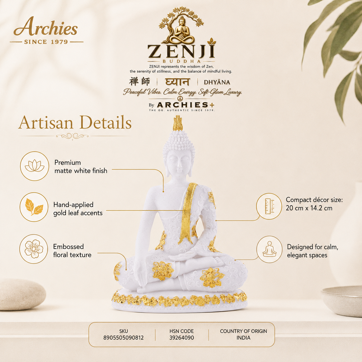 ZENJI Meditating Buddha Statue for Home Decor, Large Decorative Showpiece for Living Room, Office Desk, Meditation Corner, Entryway Console, Shelf Display, Housewarming, Diwali, Pack of 1