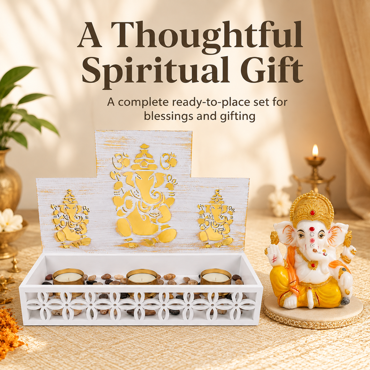 DEVOTION Ganesha Tealight Mandir Set for Home Decor, Extra Large Decorative Pooja Display for Pooja Room, Home Temple, Living Room, Office Desk, Entryway Shelf, Housewarming, Diwali, Pack of 1
