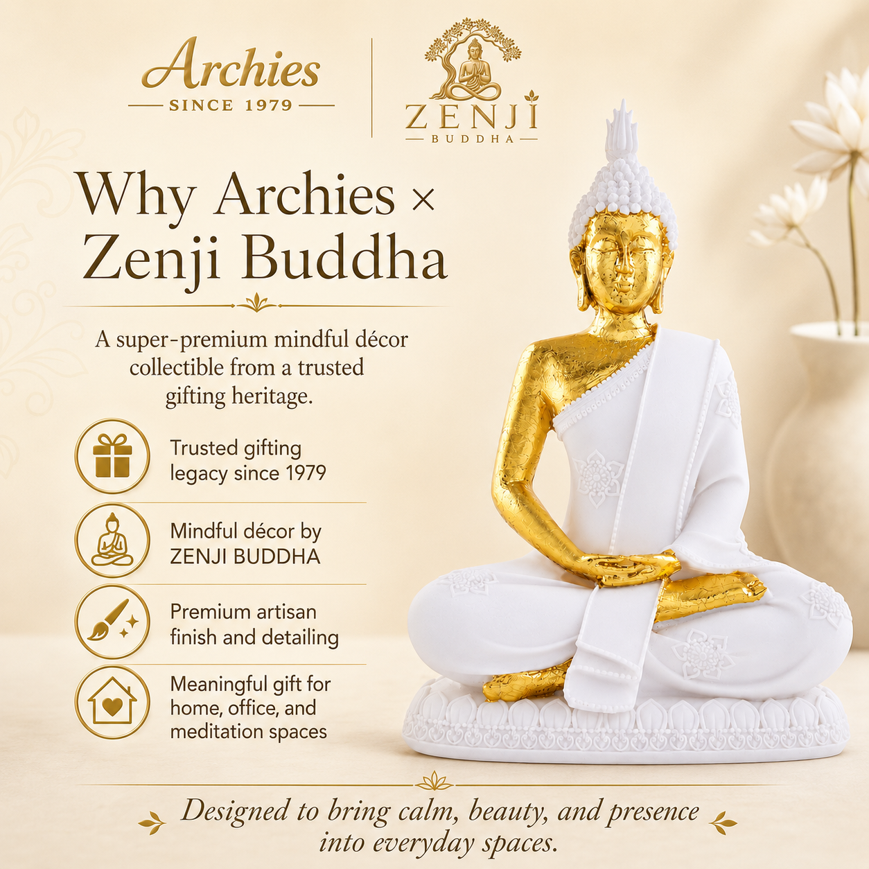 ZENJI Meditating Buddha Statue for Home Decor, Large Decorative Showpiece for Living Room, Office Desk, Meditation Corner, Entryway Console, Shelf Display, Housewarming, Diwali, Pack of 1