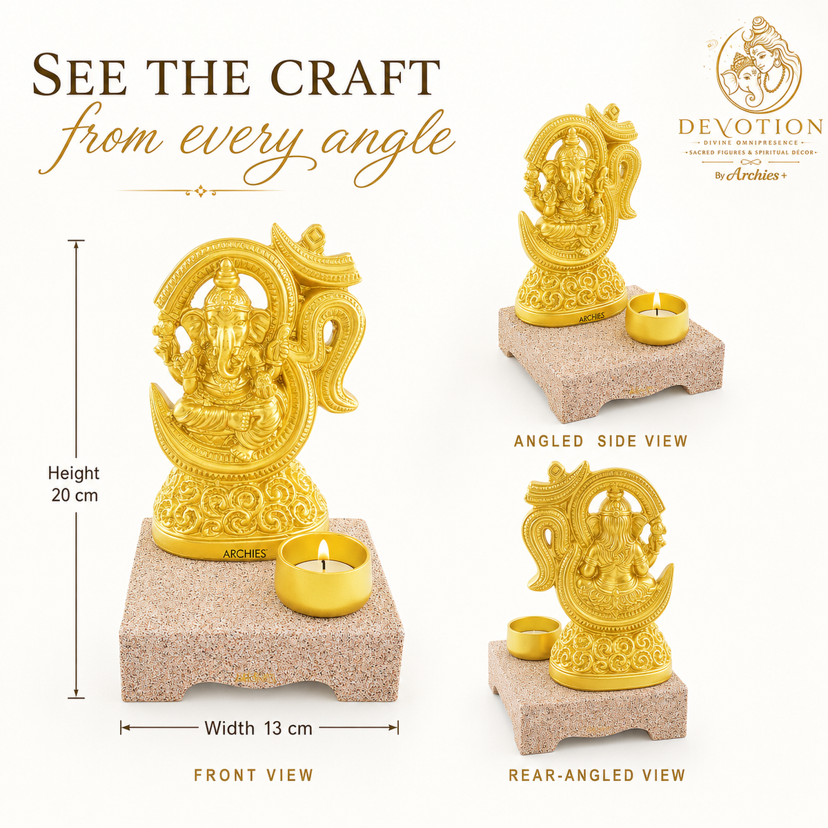 DEVOTION Om Ganesha Tealight Holder for Home Decor, Large Decorative Pooja Display for Pooja Room, Home Temple, Living Room, Office Desk, Entryway Shelf, Housewarming, Diwali, Pack of 1