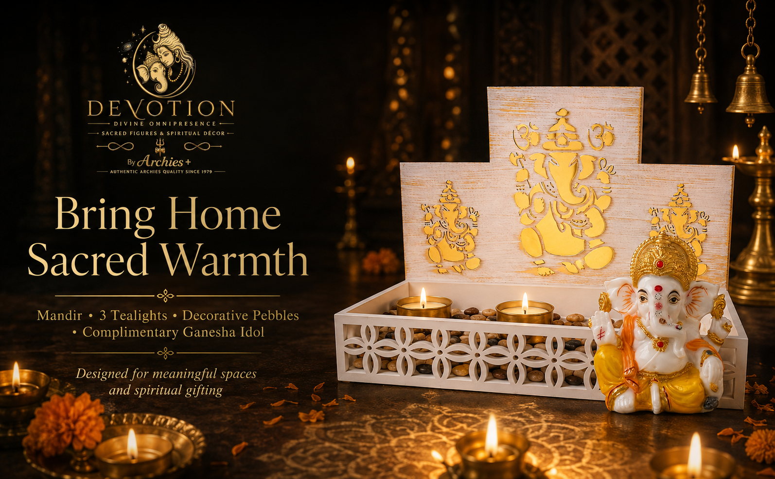 DEVOTION Ganesha Tealight Mandir Set for Home Decor, Extra Large Decorative Pooja Display for Pooja Room, Home Temple, Living Room, Office Desk, Entryway Shelf, Housewarming, Diwali, Pack of 1