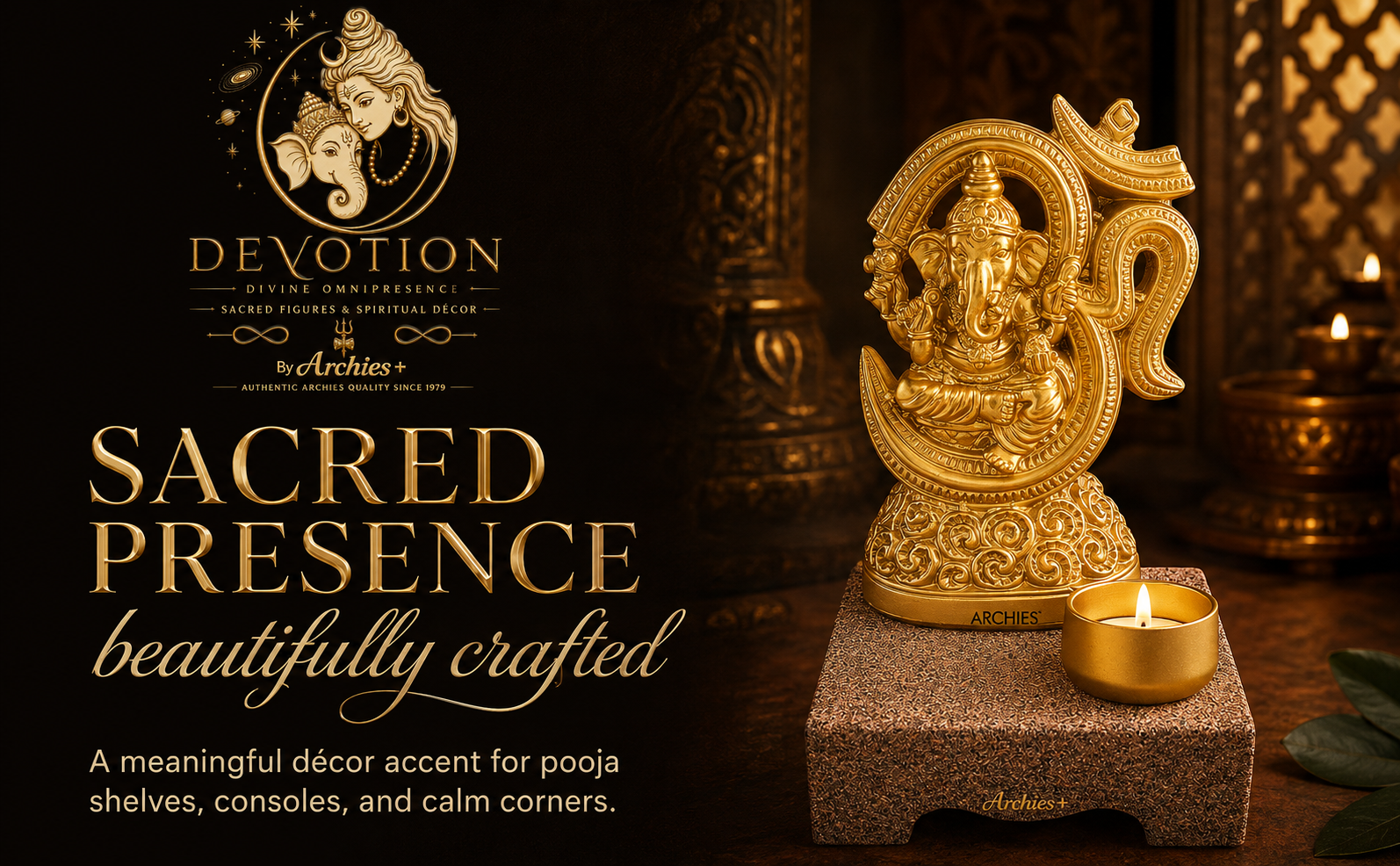 DEVOTION Om Ganesha Tealight Holder for Home Decor, Large Decorative Pooja Display for Pooja Room, Home Temple, Living Room, Office Desk, Entryway Shelf, Housewarming, Diwali, Pack of 1