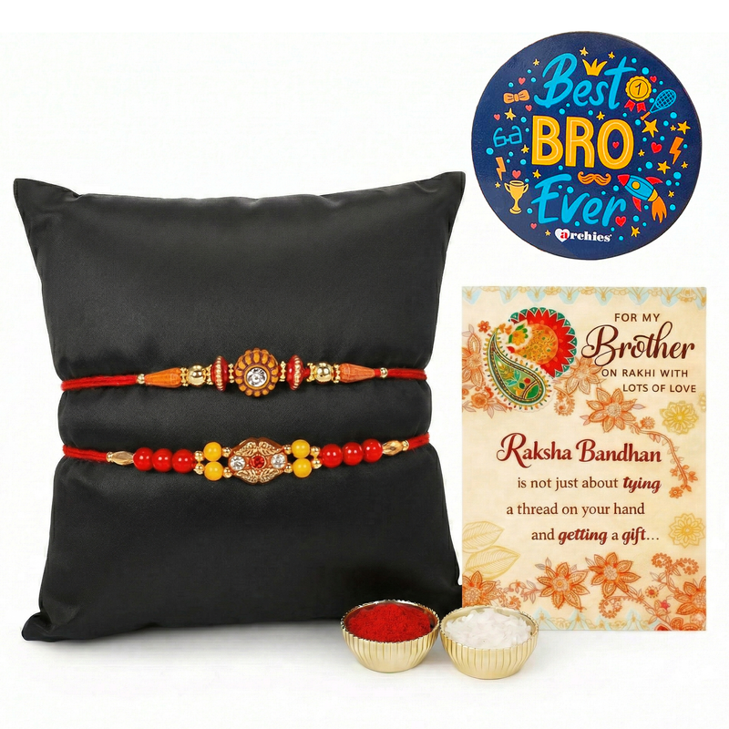Archies 2 Elegant Rakhi Set for Brother with Special Archies Greeting Card + Raksha Bandhan Sister Reminder Fridge Magnet - Rakhi Hamper for Brother, Bro, Bhaiya, Bhai | Rakhi Gift for Brother