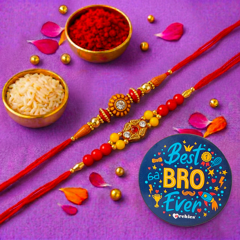 Archies 2 Elegant Rakhi Set for Brother with Special Archies Greeting Card + Raksha Bandhan Sister Reminder Fridge Magnet - Rakhi Hamper for Brother, Bro, Bhaiya, Bhai | Rakhi Gift for Brother