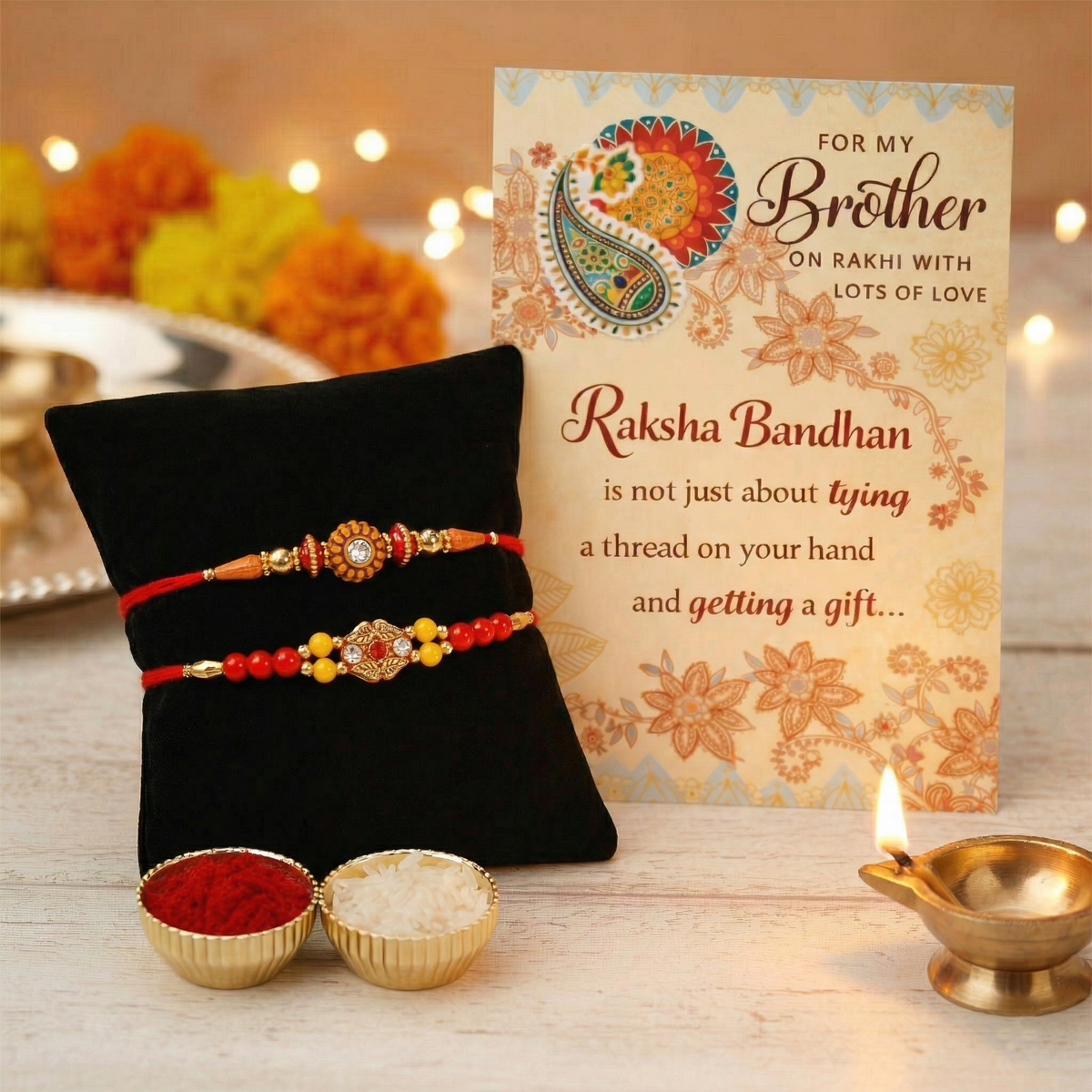 Archies 2 Elegant Rakhi Set for Brother with Special Archies Greeting Card + Raksha Bandhan Sister Reminder Fridge Magnet - Rakhi Hamper for Brother, Bro, Bhaiya, Bhai | Rakhi Gift for Brother