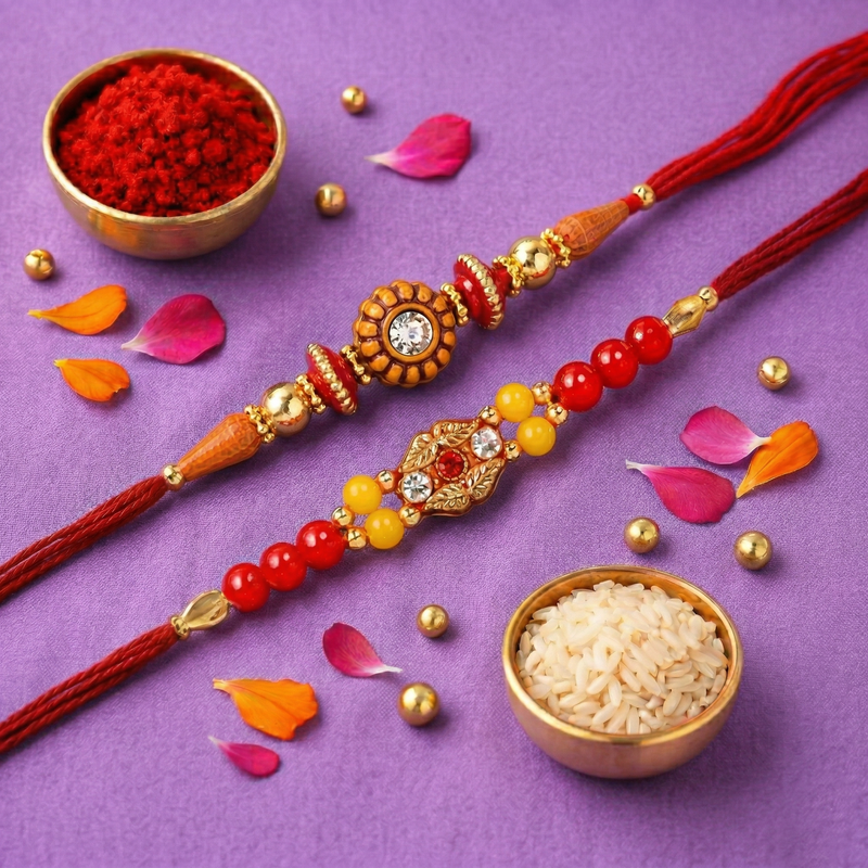 Archies 2 Elegant Rakhi Set for Brother with Special Archies Greeting Card + Raksha Bandhan Sister Reminder Fridge Magnet - Rakhi Hamper for Brother, Bro, Bhaiya, Bhai | Rakhi Gift for Brother