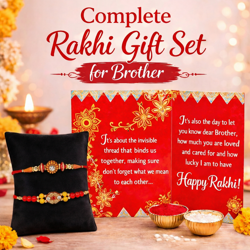 Archies 2 Elegant Rakhi Set for Brother with Special Archies Greeting Card + Raksha Bandhan Sister Reminder Fridge Magnet - Rakhi Hamper for Brother, Bro, Bhaiya, Bhai | Rakhi Gift for Brother