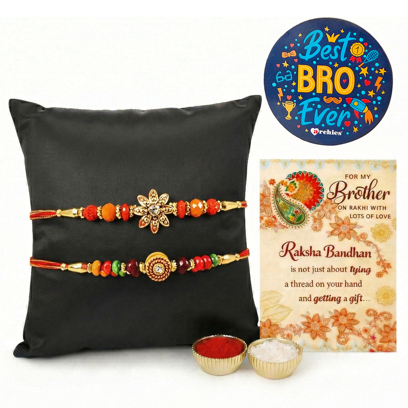 Archies 2 Popular Rakhi Set for Brother with Special Archies Greeting Card + Raksha Bandhan Sister Reminder Fridge Magnet - Rakhi Hamper for Brother, Bro, Bhaiya, Bhai | Rakhi Gift for Brother