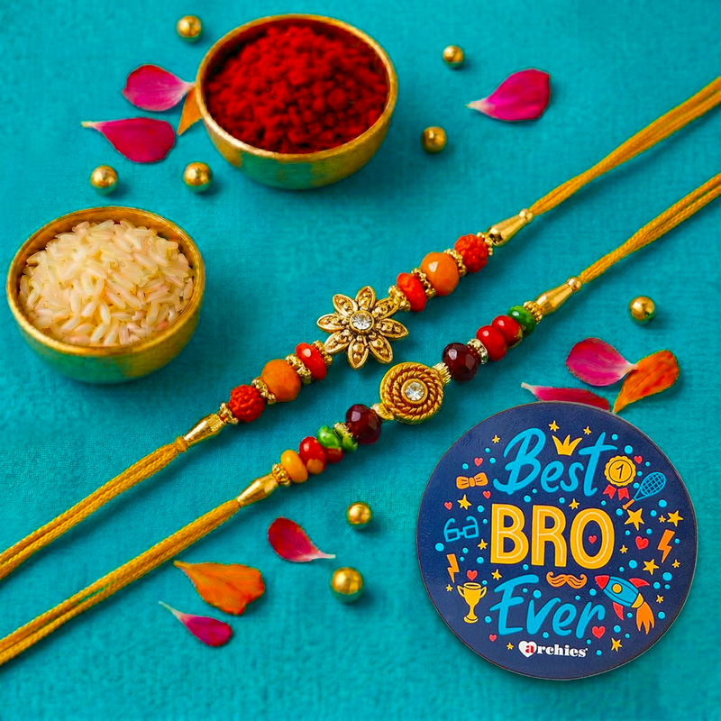 Archies 2 Popular Rakhi Set for Brother with Special Archies Greeting Card + Raksha Bandhan Sister Reminder Fridge Magnet - Rakhi Hamper for Brother, Bro, Bhaiya, Bhai | Rakhi Gift for Brother