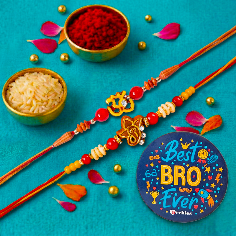 Archies 2 Religious Rakhi Set for Brother with Special Archies Greeting Card + Raksha Bandhan Sister Reminder Fridge Magnet - Rakhi Hamper for Brother, Bro, Bhaiya, Bhai | Rakhi Gift for Brother