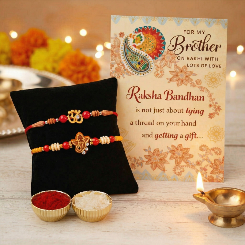 Archies 2 Religious Rakhi Set for Brother with Special Archies Greeting Card + Raksha Bandhan Sister Reminder Fridge Magnet - Rakhi Hamper for Brother, Bro, Bhaiya, Bhai | Rakhi Gift for Brother