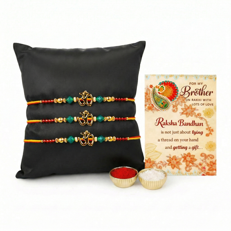 Archies 3 Sacred Rakhi Set for Brother with Special Archies Greeting Card + Raksha Bandhan Sister Reminder Fridge Magnet - Rakhi Hamper for Brother, Bro, Bhaiya, Bhai | Rakhi Gift for Brother