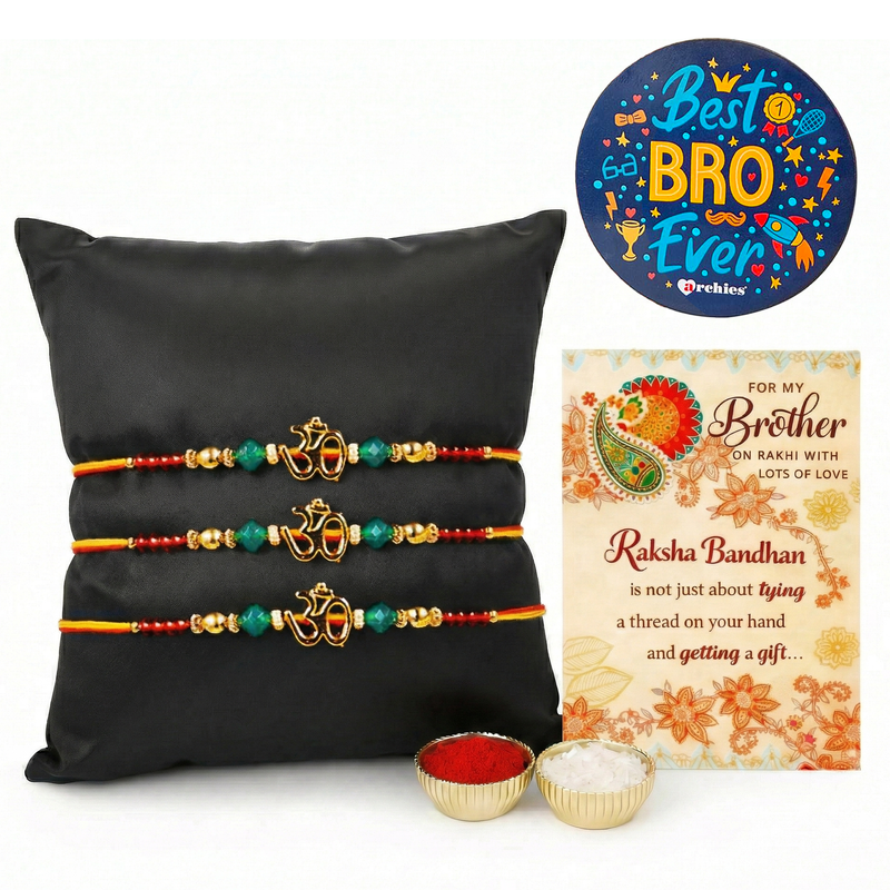 Archies 3 Sacred Rakhi Set for Brother with Special Archies Greeting Card + Raksha Bandhan Sister Reminder Fridge Magnet - Rakhi Hamper for Brother, Bro, Bhaiya, Bhai | Rakhi Gift for Brother