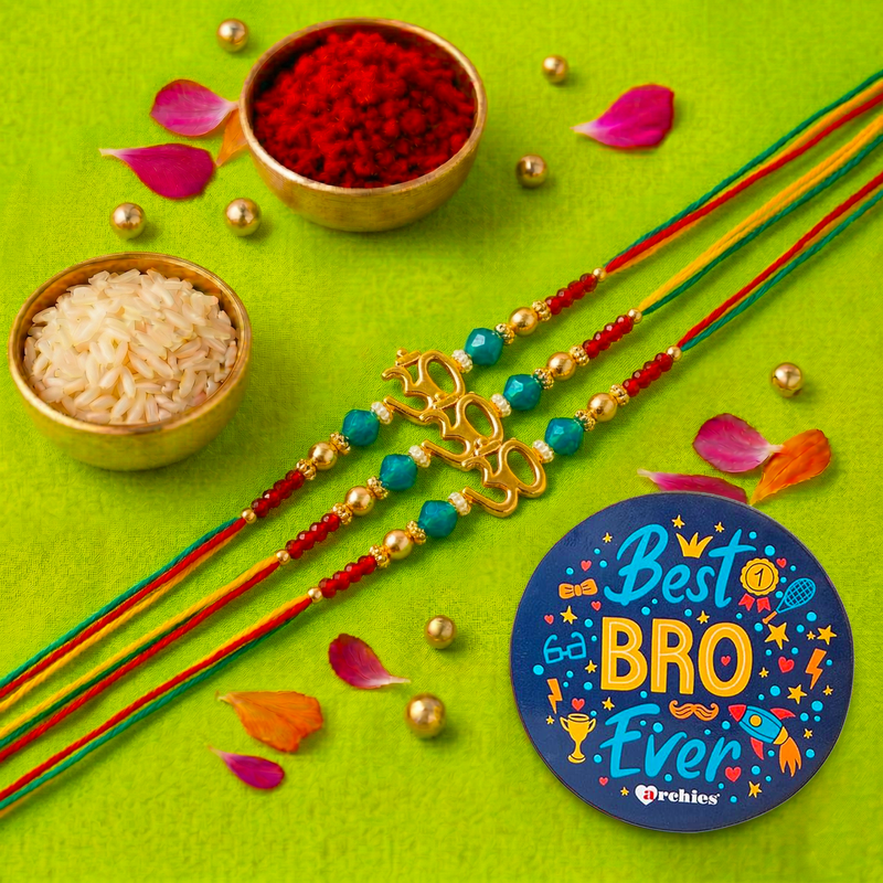 Archies 3 Sacred Rakhi Set for Brother with Special Archies Greeting Card + Raksha Bandhan Sister Reminder Fridge Magnet - Rakhi Hamper for Brother, Bro, Bhaiya, Bhai | Rakhi Gift for Brother