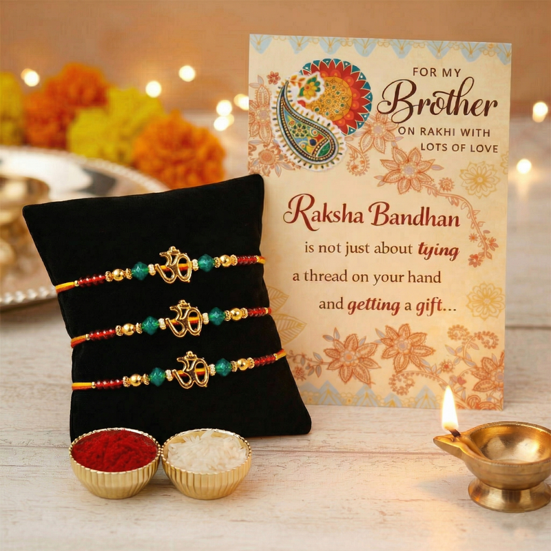 Archies 3 Sacred Rakhi Set for Brother with Special Archies Greeting Card + Raksha Bandhan Sister Reminder Fridge Magnet - Rakhi Hamper for Brother, Bro, Bhaiya, Bhai | Rakhi Gift for Brother