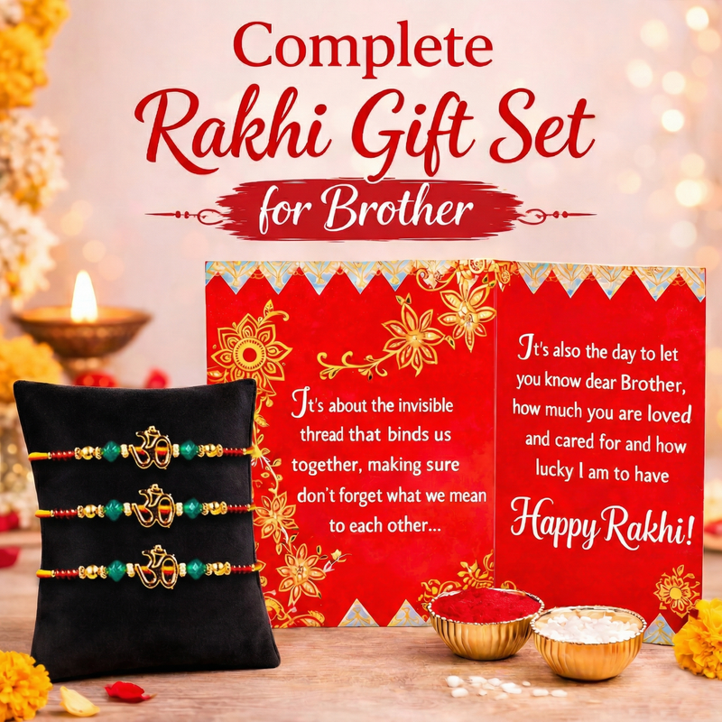 Archies 3 Sacred Rakhi Set for Brother with Special Archies Greeting Card + Raksha Bandhan Sister Reminder Fridge Magnet - Rakhi Hamper for Brother, Bro, Bhaiya, Bhai | Rakhi Gift for Brother
