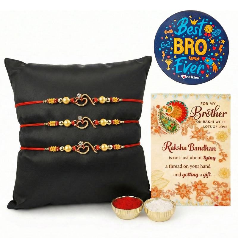 Archies 3 Spiritual Rakhi Set for Brother with Special Archies Greeting Card + Raksha Bandhan Sister Reminder Fridge Magnet - Rakhi Hamper for Brother, Bro, Bhaiya, Bhai | Rakhi Gift for Brother