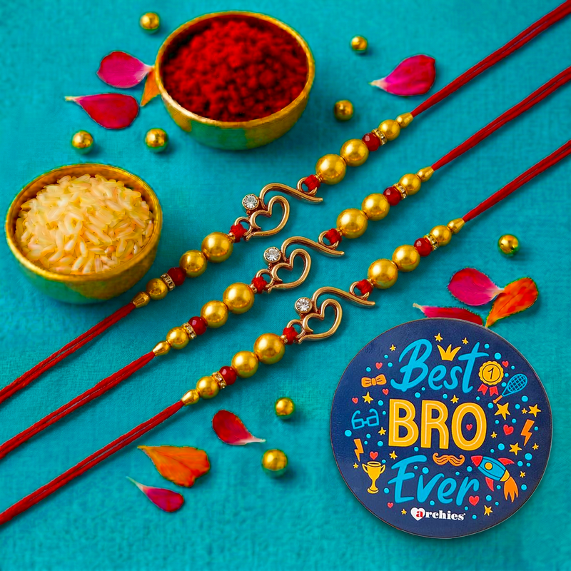 Archies 3 Spiritual Rakhi Set for Brother with Special Archies Greeting Card + Raksha Bandhan Sister Reminder Fridge Magnet - Rakhi Hamper for Brother, Bro, Bhaiya, Bhai | Rakhi Gift for Brother