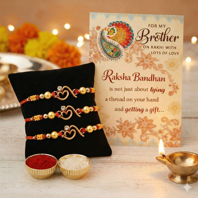 Archies 3 Spiritual Rakhi Set for Brother with Special Archies Greeting Card + Raksha Bandhan Sister Reminder Fridge Magnet - Rakhi Hamper for Brother, Bro, Bhaiya, Bhai | Rakhi Gift for Brother