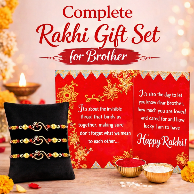 Archies 3 Spiritual Rakhi Set for Brother with Special Archies Greeting Card + Raksha Bandhan Sister Reminder Fridge Magnet - Rakhi Hamper for Brother, Bro, Bhaiya, Bhai | Rakhi Gift for Brother