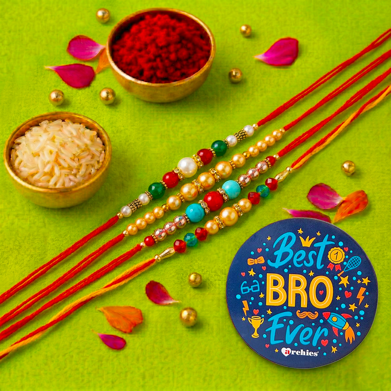 Archies Beaded Rakhi Set for Brother with Special Archies Greeting Card + Raksha Bandhan Sister Reminder Fridge Magnet - Rakhi Hamper for Brother, Bro, Bhaiya, Bhai | Rakhi Gift for Brother