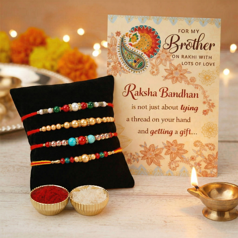 Archies Beaded Rakhi Set for Brother with Special Archies Greeting Card + Raksha Bandhan Sister Reminder Fridge Magnet - Rakhi Hamper for Brother, Bro, Bhaiya, Bhai | Rakhi Gift for Brother