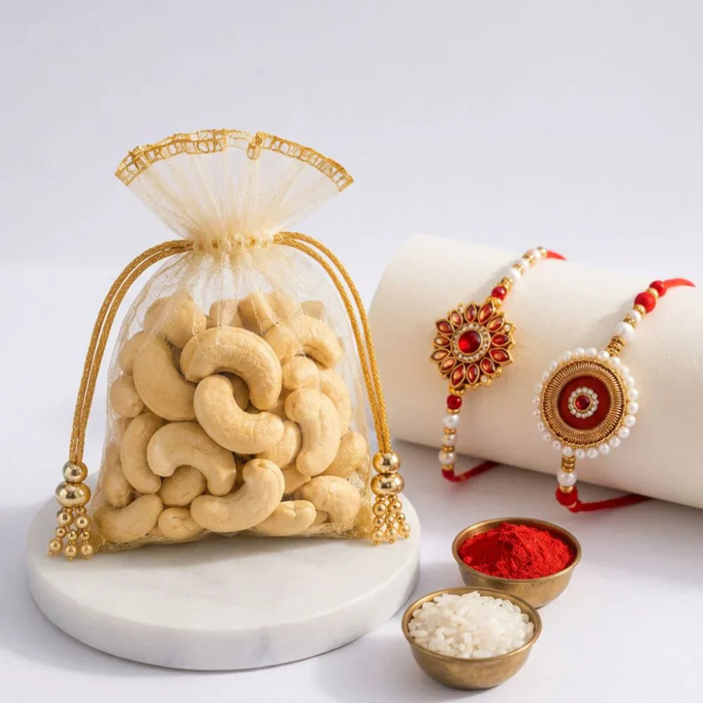 Ethnic Pearl Bhaiya Bhabhi Rakhi with Premium Cashews | Rakhi Gift Set