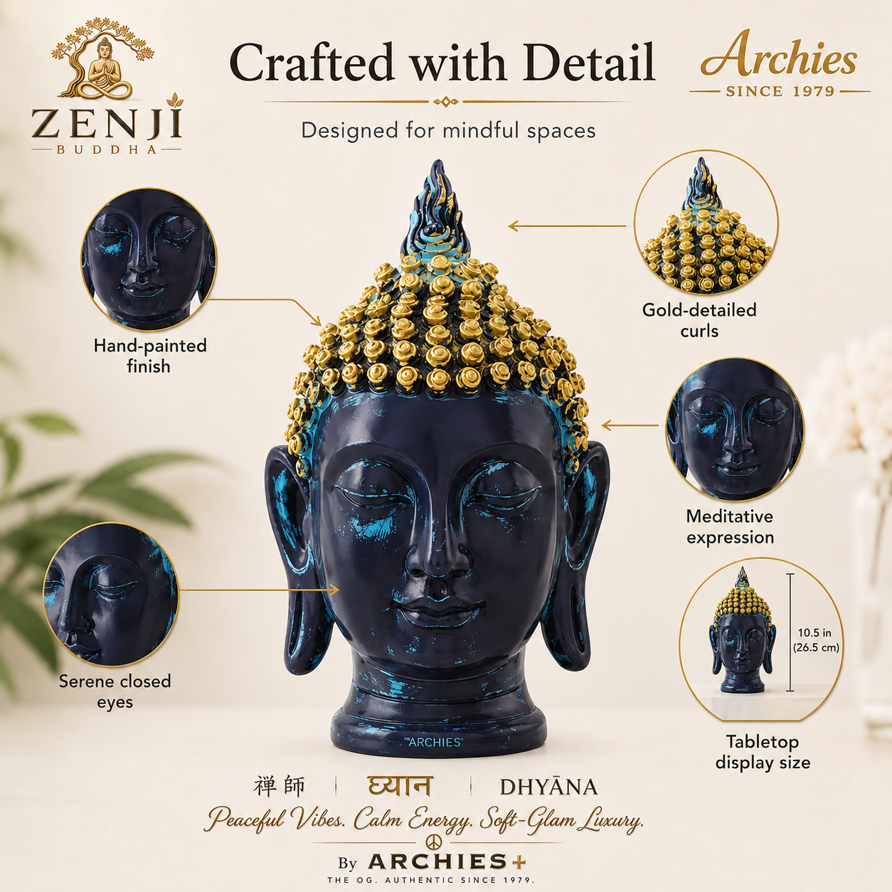ZENJI Classic Buddha Statue for Home Decor, Large Decorative Showpiece for Living Room, Office Desk, Meditation Corner, Entryway Console, Shelf Display, Housewarming, Diwali, Bedroom Shelf, Pack of 1
