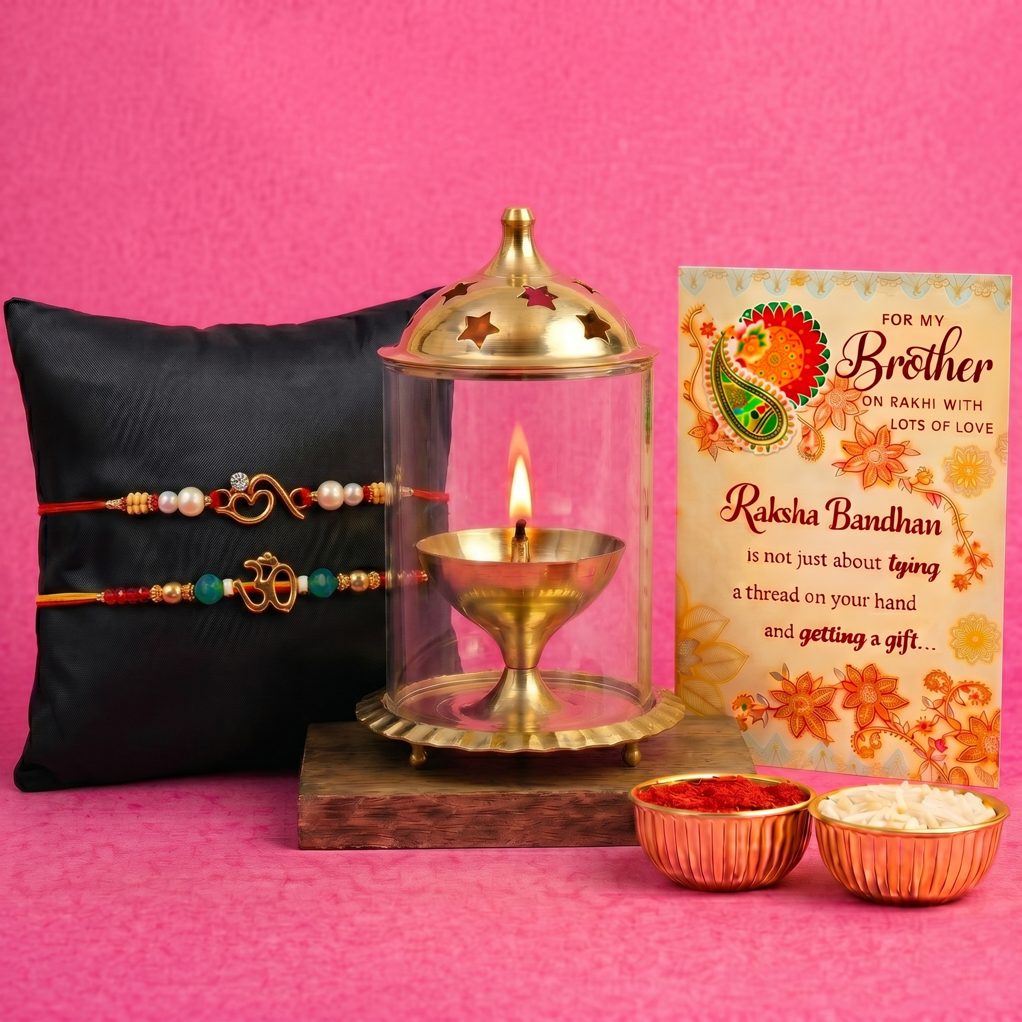 Archies 2 Traditional Rakhi Set for Brother with Special Archies Greeting Card + Akhand Diya Gift - Rakhi Hamper for Brother, Bro, Bhaiya, Bhai | Rakhi Gift for Brother