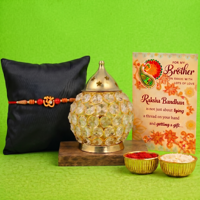 Archies Traditional Rakhi Set for Brother with Special Archies Greeting Card + Crystal Akhand Diya Lamp Set - Rakhi Hamper for Brother, Bro, Bhaiya, Bhai | Rakhi Gift for Brother